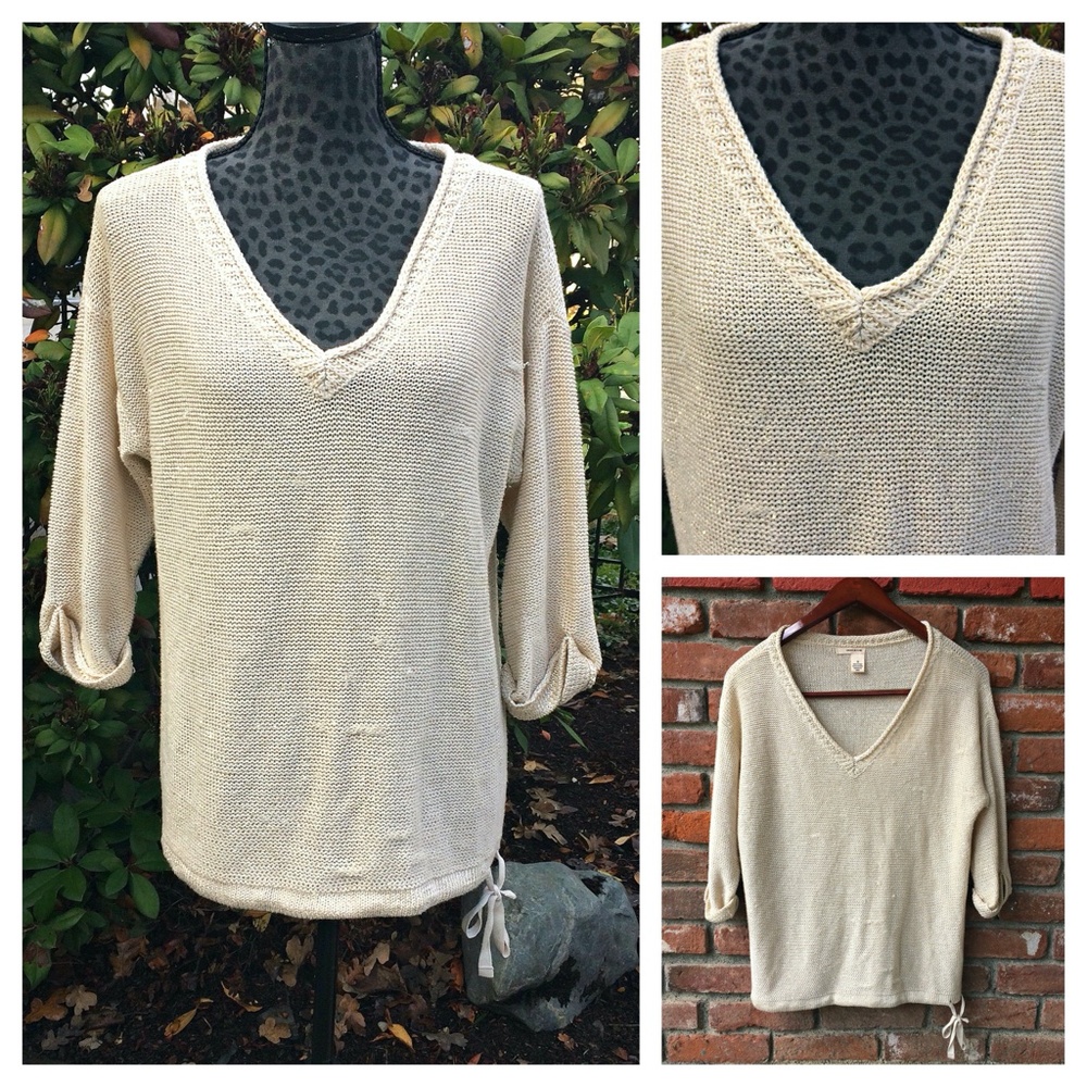 DKNY Beige Sequin Slouchy V-Neck Sweater - Size Medium